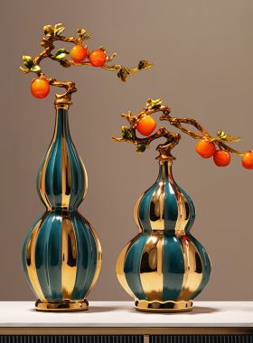 贝汉美创意新中式事柿葫芦花瓶摆件家居客厅玄关电视柜新居装饰品