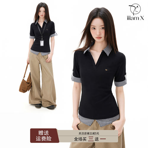 iiiamX黑色假两件polo衫女夏季正肩半袖t恤修身短袖上衣2026新款