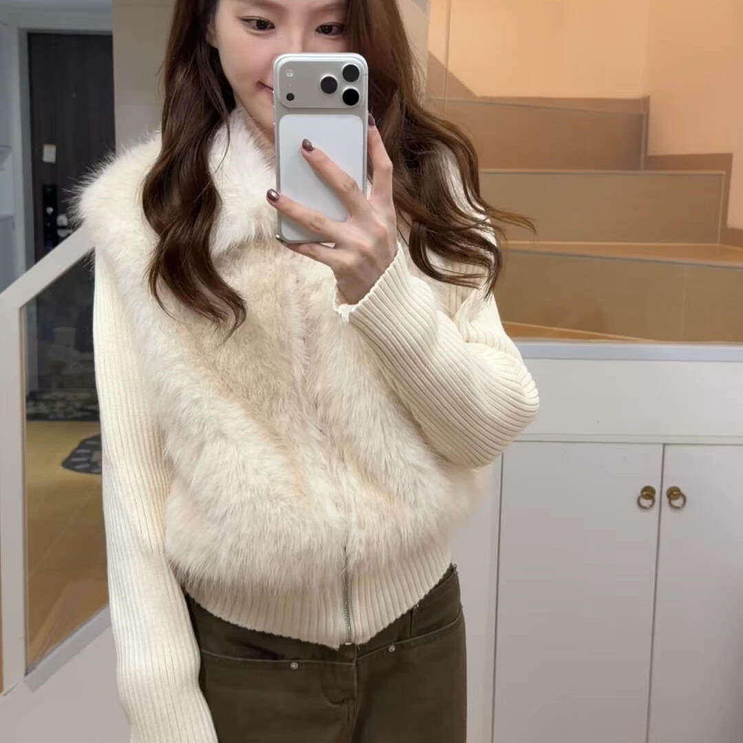 韩系高级感仿狐狸毛翻领针织外套女秋冬保暖百搭拼接毛衣开衫上衣