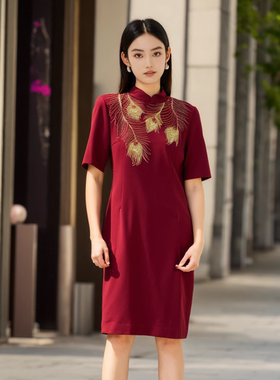 【六礼】精选品牌女装高端时尚气质百搭深红连衣裙A2-17298