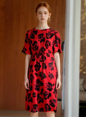 【六礼】精选品牌女装高端时尚气质百搭黑红花连衣裙A2-17076