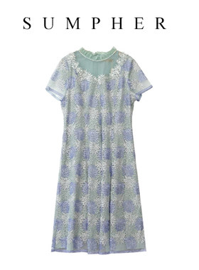 睐牌精选品牌女装高端休闲时尚气质百搭女绿花色连衣裙-17299