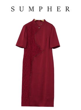 慕天姿专柜折扣精选品牌女装高端时尚气质百搭深红色连衣裙-17019