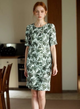 六礼专柜折扣精选品牌女装绿花色女礼服旗袍提花连衣裙-17368