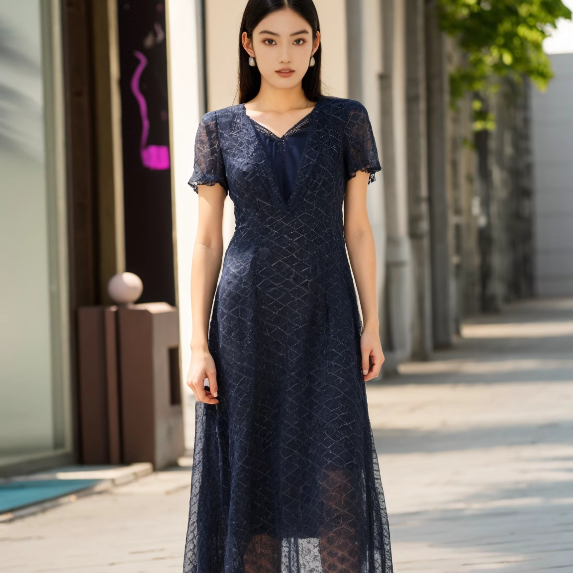慕天姿精选品牌女装高端时尚气质百搭藏蓝色连衣裙慕天姿A2-17018