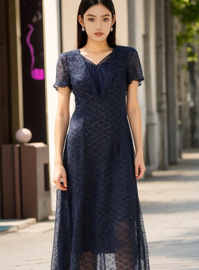 慕天姿精选品牌女装高端时尚气质百搭藏蓝色连衣裙慕天姿A2-17018