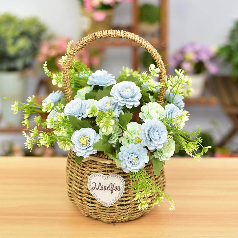 手工草编花篮手提编织篮田园风客厅装饰摆件插花篮假花仿真花套装