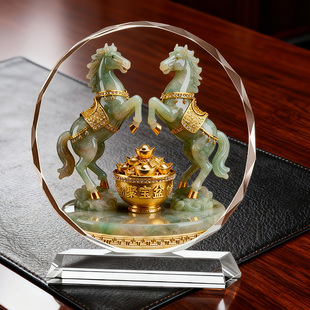 双马聚宝水晶摆件生肖马招财桌面装饰品店铺摆台客厅乔迁开业送礼