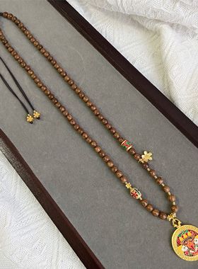 藏式扎基拉姆吊坠项链中式檀木珠长款多宝毛衣链女可调节编织绳