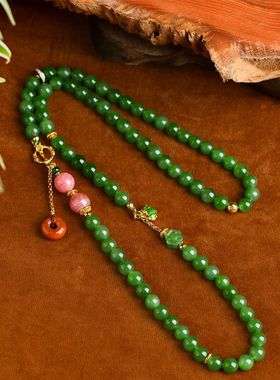 和田玉碧玉项链菠菜绿8mm圆珠玉石大气高档长款毛衣链挂件女