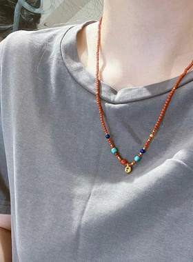 仿南红小米珠小钱袋项链仿绿松石新中式满肉柿子红事事如意锁骨链