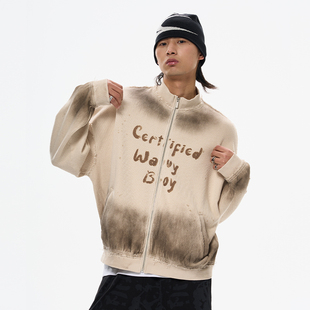 美式 WAVYBOY 长袖 新款 街头风上衣火烧感脏染喷色针织外套 秋季
