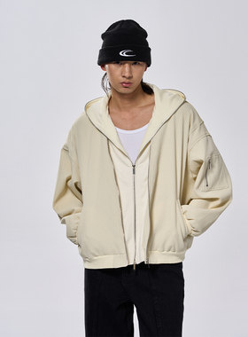 WAVYBOY 假两件白色连帽外套秋冬长袖百搭纯色慵懒风休闲卫衣外套