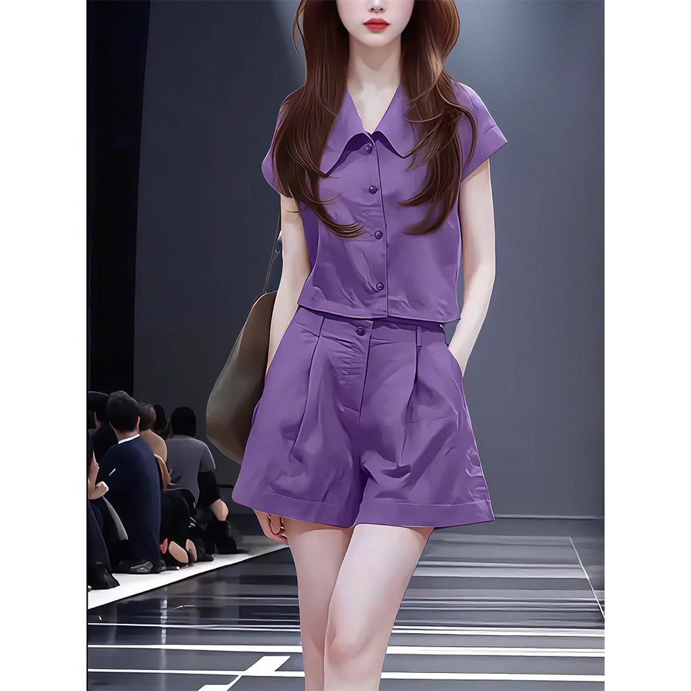 紫色时尚休闲套装女夏季2026新款翻领薄款短袖衬衫短裤减龄两件套图片