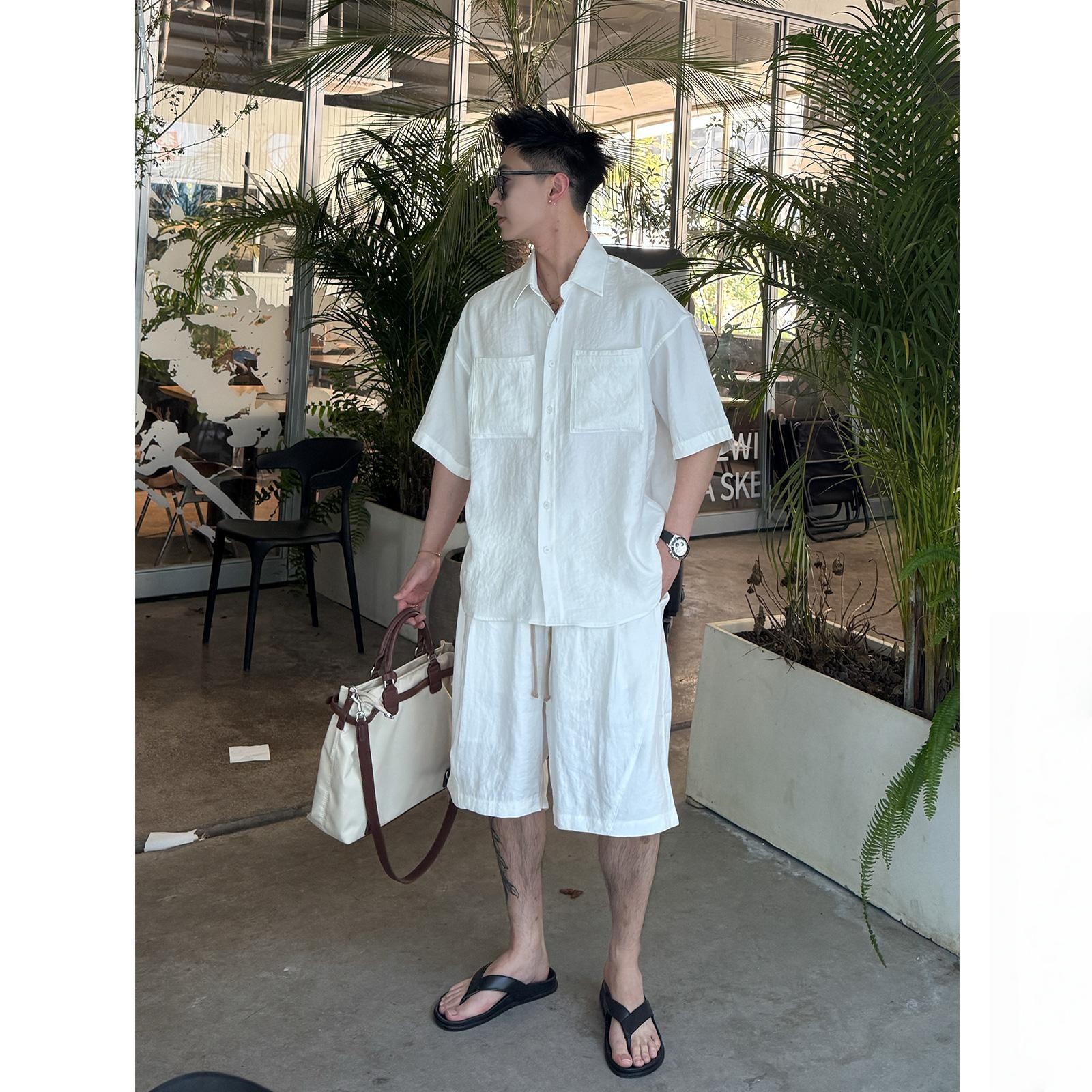 莱赛尔短裤衬衫套装极简雅痞口袋