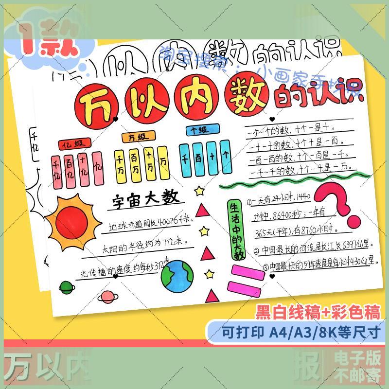 电子版万以内数的认识二年级数学小报手抄报电子模板黑白半成品涂