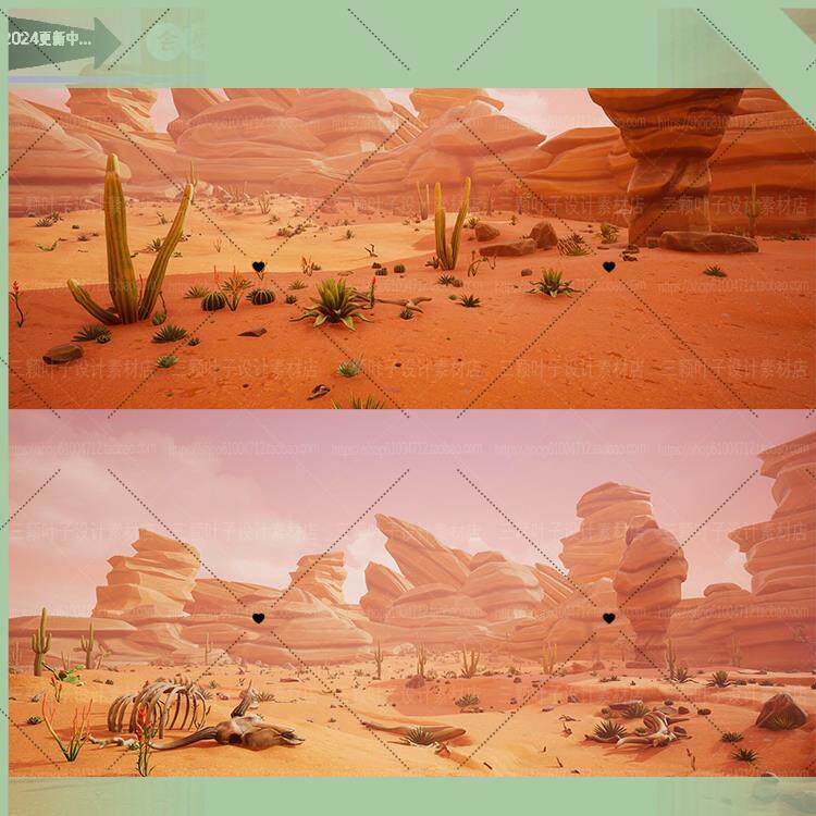 UE4风格化沙漠景观3D模型 卡通石头植物动物遗骸 场景CG素材9959