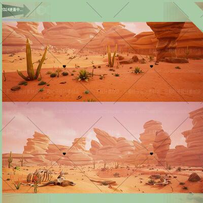 UE4风格化沙漠景观3D模型 卡通石头植物动物遗骸 场景CG素材9959