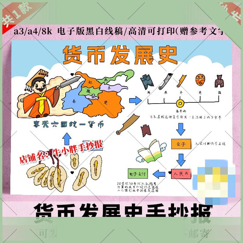 电子版货币发展史手抄报中国货币的演变数学电子版小报黑白线描涂