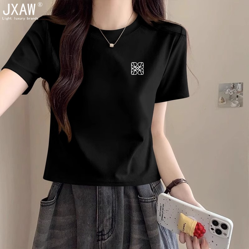 欧货正肩黑色t恤女短袖2025新款夏季纯棉显瘦减龄印花短款上衣