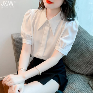 高端新款 短袖 雪紡襯衫 女2025年夏季 百搭襯衣減齡氣質(zhì)顯瘦白色上衣
