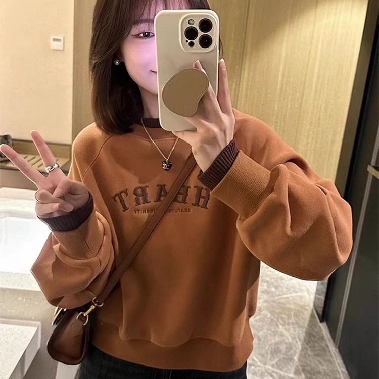 假两件加绒加厚时尚卫衣女秋冬2025新款薄款拼接圆领短款外套上衣