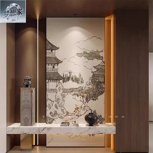 宋氏美学玄关墙板入门装饰名画水墨山水竖版墙板卧室床头集成墙板
