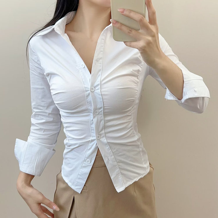 欧美风修身显瘦褶皱显胸