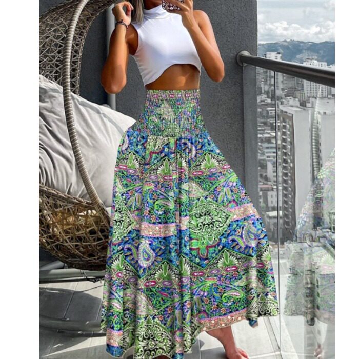 欧美海边度假沙滩半身裙复古印花波西米亚松紧高腰半身长裙女夏