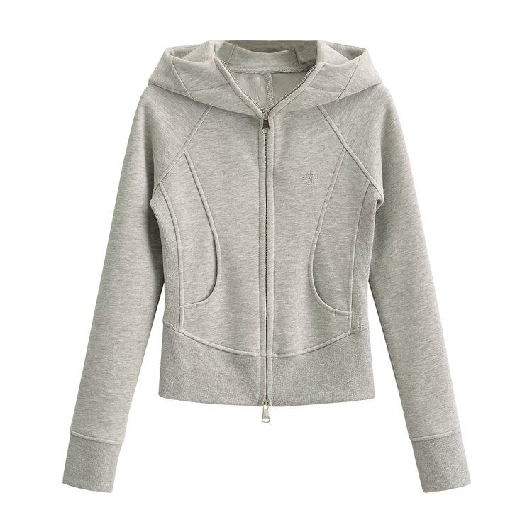 ins美式修身显瘦短款长袖连帽加绒卫衣女秋冬季纯色拉链开衫外套