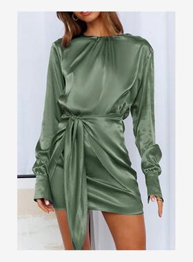 Women elegant party dress长袖圆领弹性系带优雅鸡尾酒会礼服女