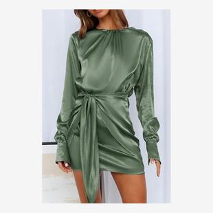 Women elegant party dress长袖圆领弹性系带优雅鸡尾酒会礼服女