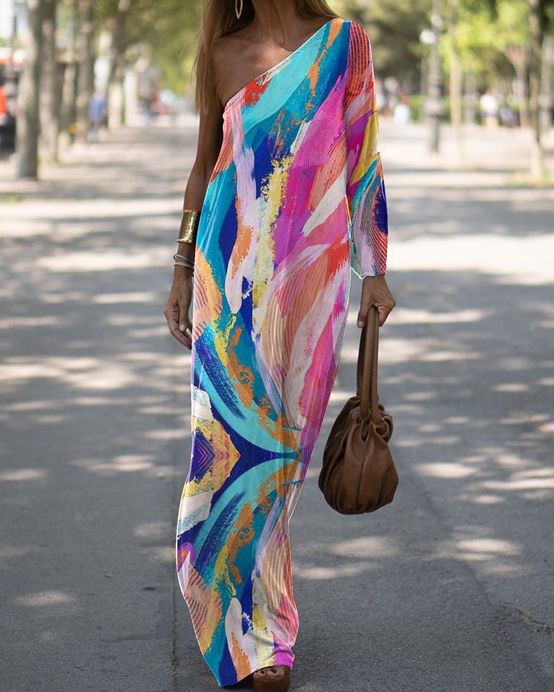 夏季彩画长款性感单肩休闲连衣裙Sexy one-shoulder casual dress