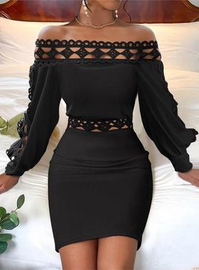 Women lace tight fitting dress欧美新款黑色蕾丝拼接紧身连衣裙