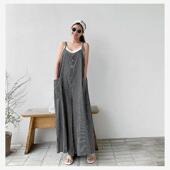 韩版 女阔腿裤 春夏新款 休闲百搭大口袋宽松可爱棉麻条纹背带连体裤