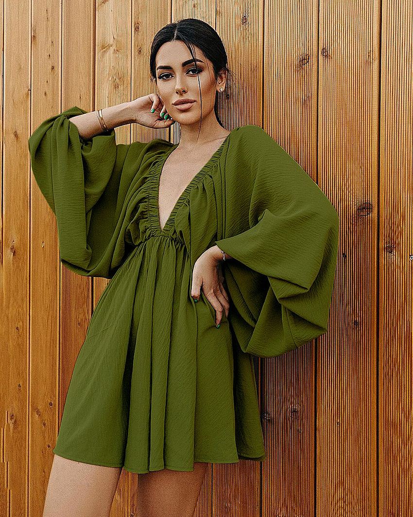 Women V-neck dress 2022女欧美灯笼袖V领性感气质法式复古连衣裙