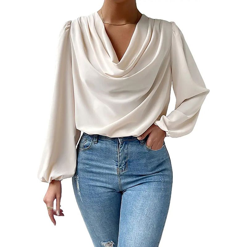 欧美长袖衬衣宽松垂褶v领上衣T恤女Long sleeve loose shirt top