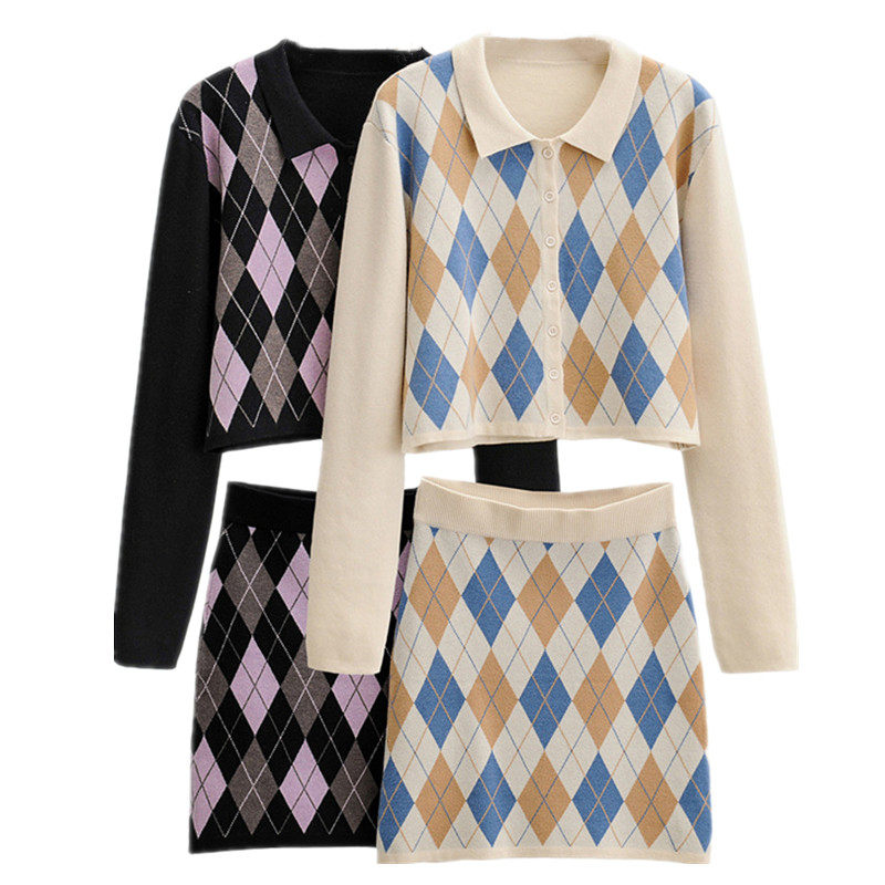 美式学院风翻领长袖格子针织开衫套装女春秋季辣妹包臀短裙两件套