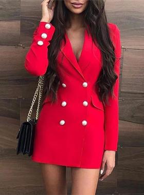 red dress suit collar欧美外贸秋冬西装领长袖红色连衣裙工作服