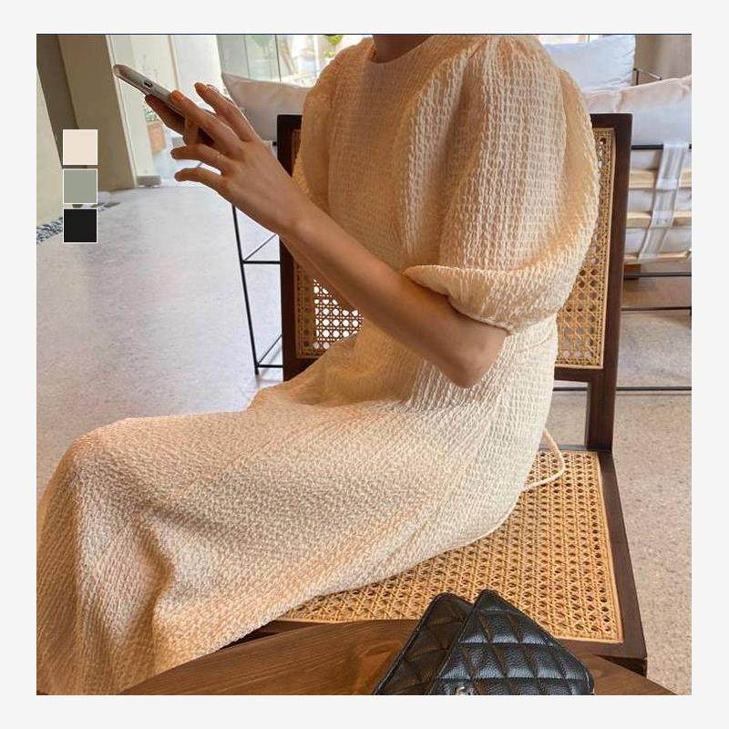 日系韩国日本外单夏季甜美沙滩裙纯色长裙短袖圆领连衣裙休闲裙子