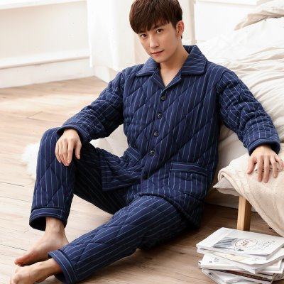 多俏美纯棉夹棉睡衣套装男士秋冬款冬季全棉加厚保暖居家居服冬天