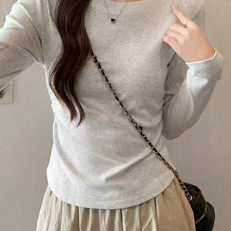 2025新款修身纯棉正肩长袖t恤女白色内搭重磅打底衫上衣秋冬圆领