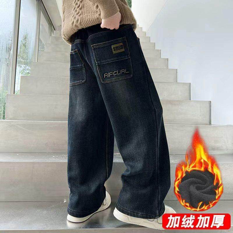 童装男童加绒牛仔裤中大童加厚长裤儿童一体绒裤子男孩奥粒直筒裤