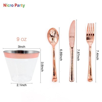 Nicro Rose Gold Cups Plastic Plates Fork Knives Spoons Disp
