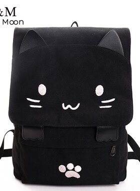 Cute Cat Canvas Backpack Cartoon Embroidery Backpacks For T