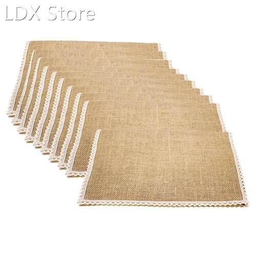 10Pcs Burlap Mats Pads Jute Hessian Line Lace Tableware Wedd