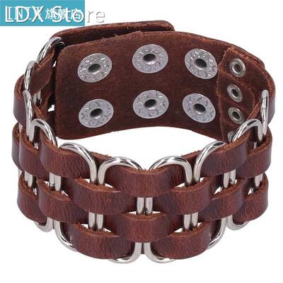 Adjustable Snap Clasp Metal Inlaid Split Leather Retro Style