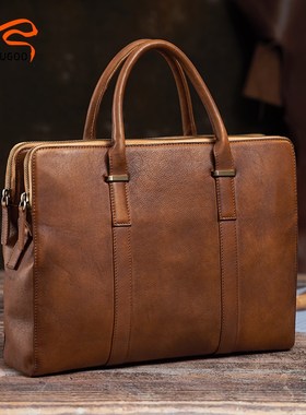 NUPUGOO Vintage Briefcase Men Handbag Shoulder Genuine Leat