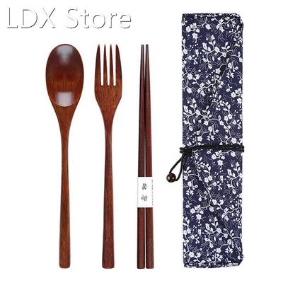 Portable Wood Tableware Wooden Spoon Fork Chopsticks Sets Tr