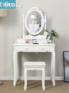 Retro Solid Modern Wooden Dressing Vanity Table Set 4 Carved